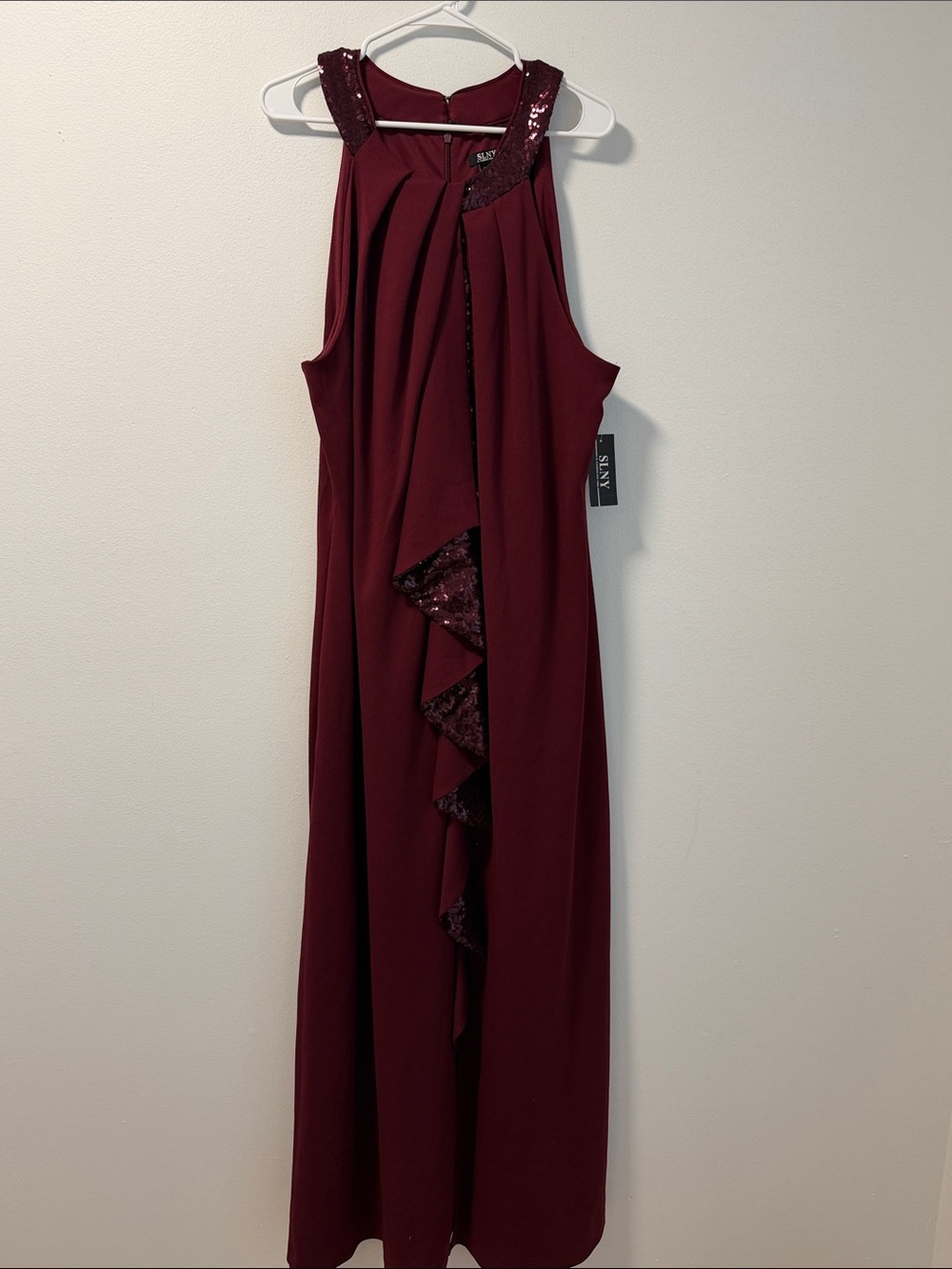 SLNY Burgundy Sequin-Trim Ruffle Maxi Dress SZ 22W